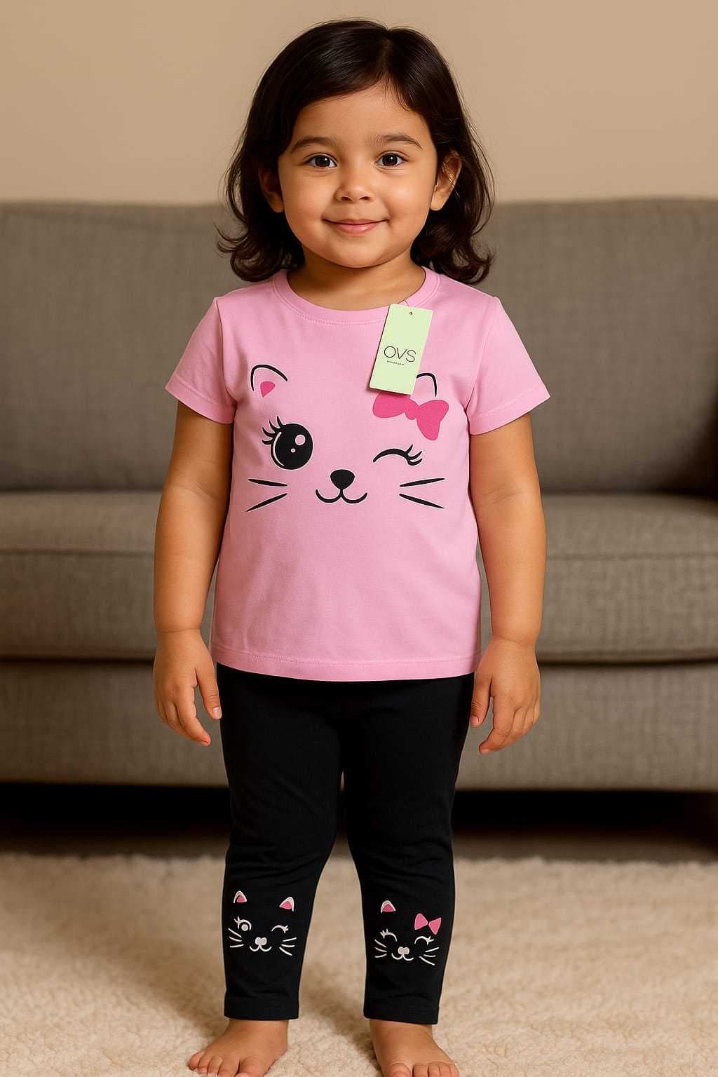 Premium Girls Summer Print Cute Legging Set Cat(3) - Image 3