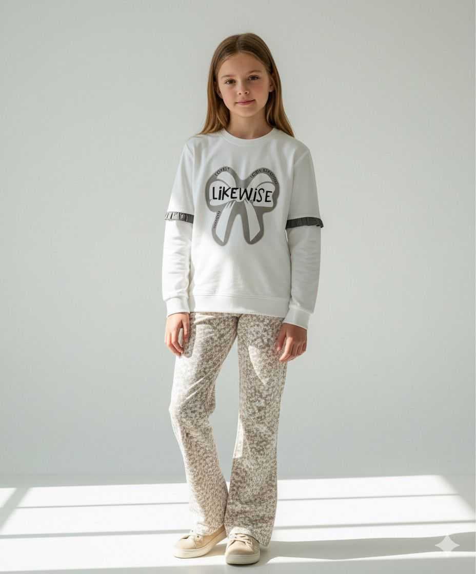 Girls Premium Style Wide Leg Trackset - Bow White(5-7) - Image 2