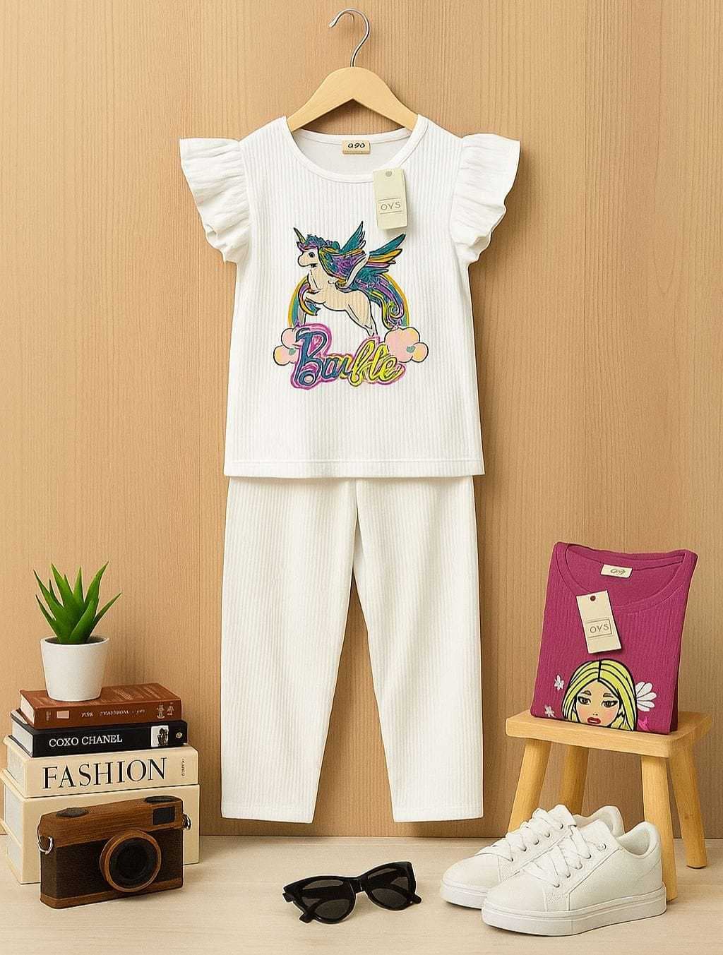 Palazzo Sets Dorio Ribbed Cotton Material White Unicorn(3-4) - Image 1