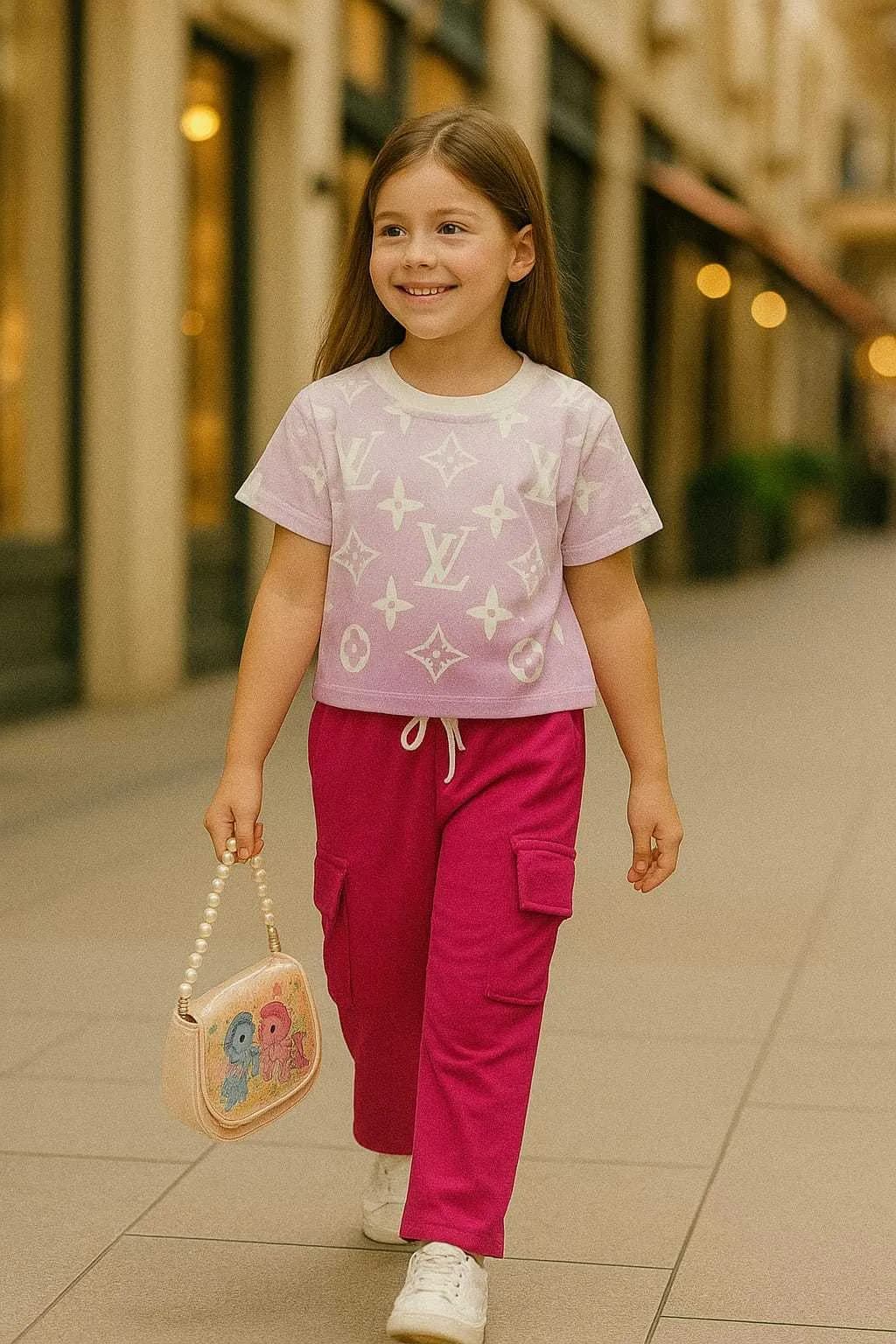 Chic Ombre Louis-Inspired Tee & Cargo Pants Set Magenta(4) - Image 2