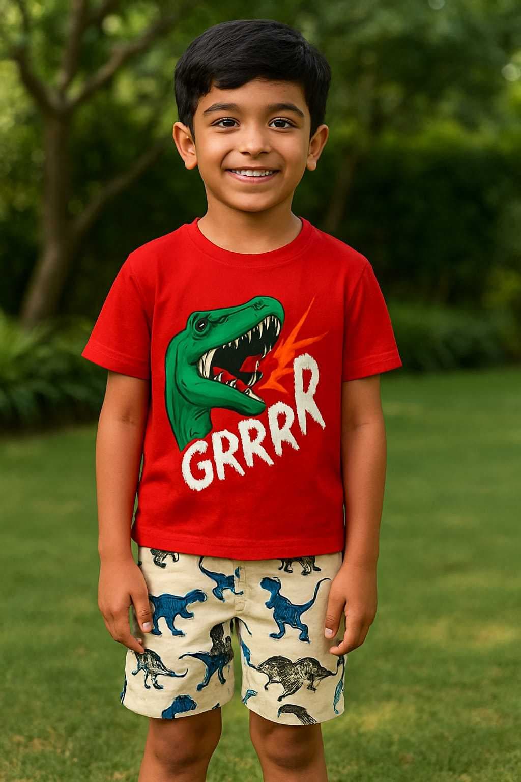 Kids Premium Kids Shorts Set Red Dino(5-6) - Image 1